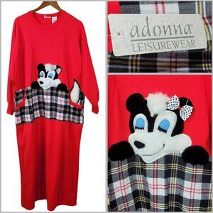 NEW Vintage Fleece Sleep Dress Nightgown Size Large Fuzzy Skunk Red Plaid Warm